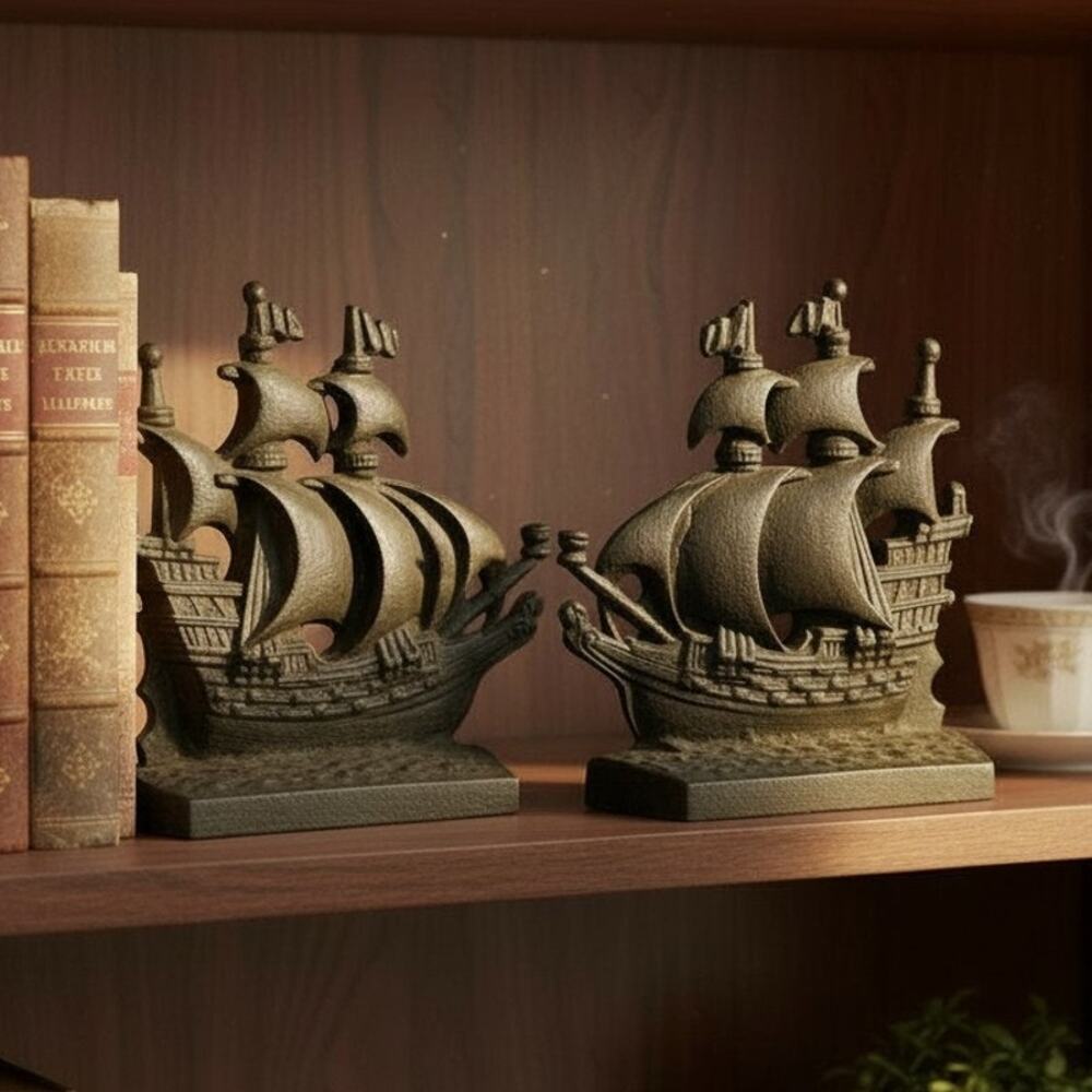 Vtg Bookends "A Galleon In The Time Of Elizabeth 1558-1603" England Solid Brass